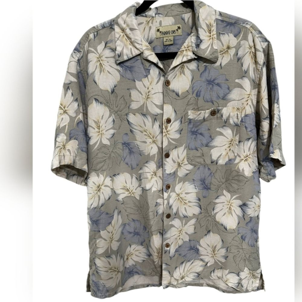 Paradise Cove green floral print 100% silk button up shirt L